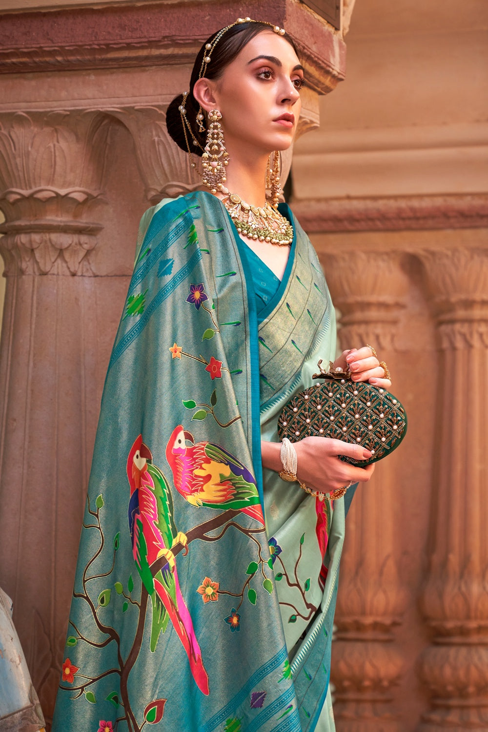 Mint Green Silk Paithani Saree With Weaving Work