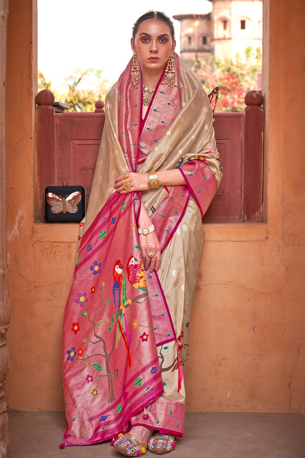 Beige &amp; Pink Paithani  Patola Silk Saree With Weaving Work