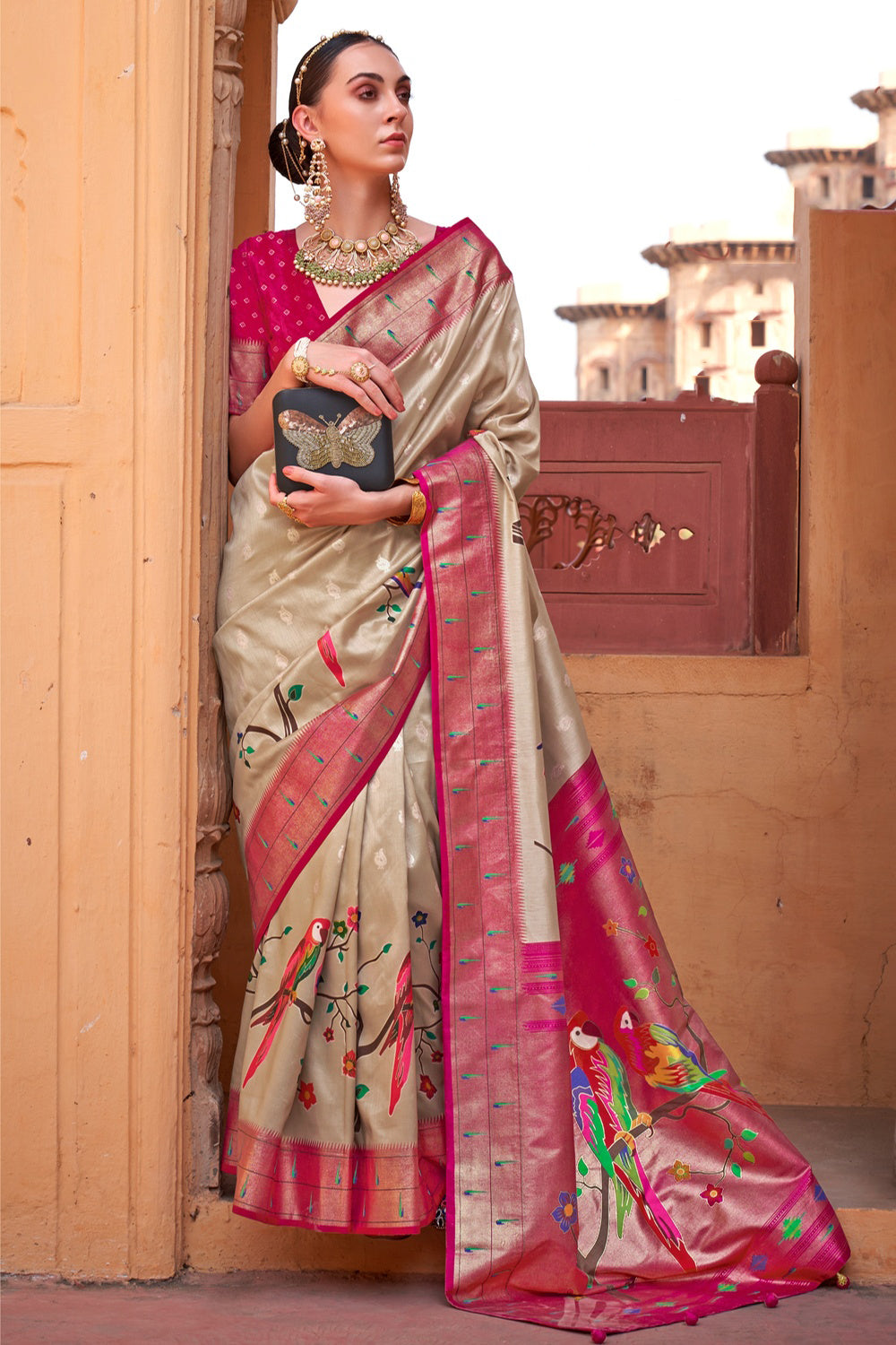 Beige &amp; Pink Paithani  Patola Silk Saree With Weaving Work