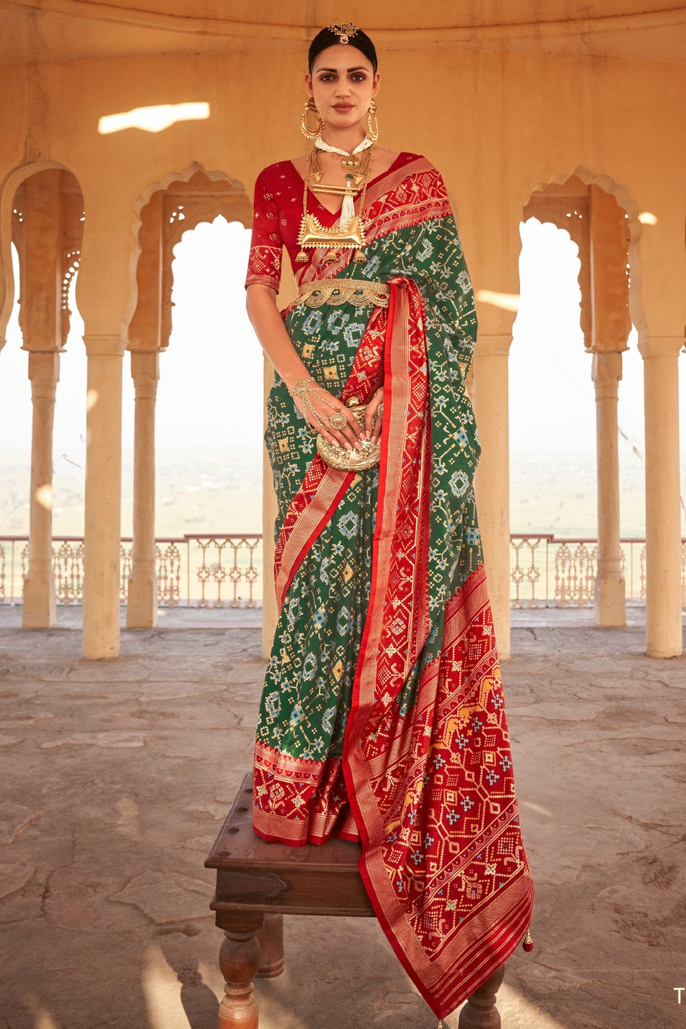 Green &amp; Red Patola Silk Saree With Patola Printed Work