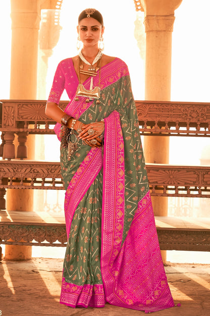 Pickle Green &amp; Pink Patola Silk Saree With Printed &amp; Weaving Work
