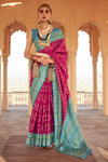 Rani Pink & Light Blue Patola Silk Saree With Printed & Weaving Work