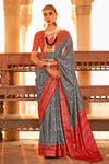 Gray & Red Patola Silk Saree With Printed & Weaving Work