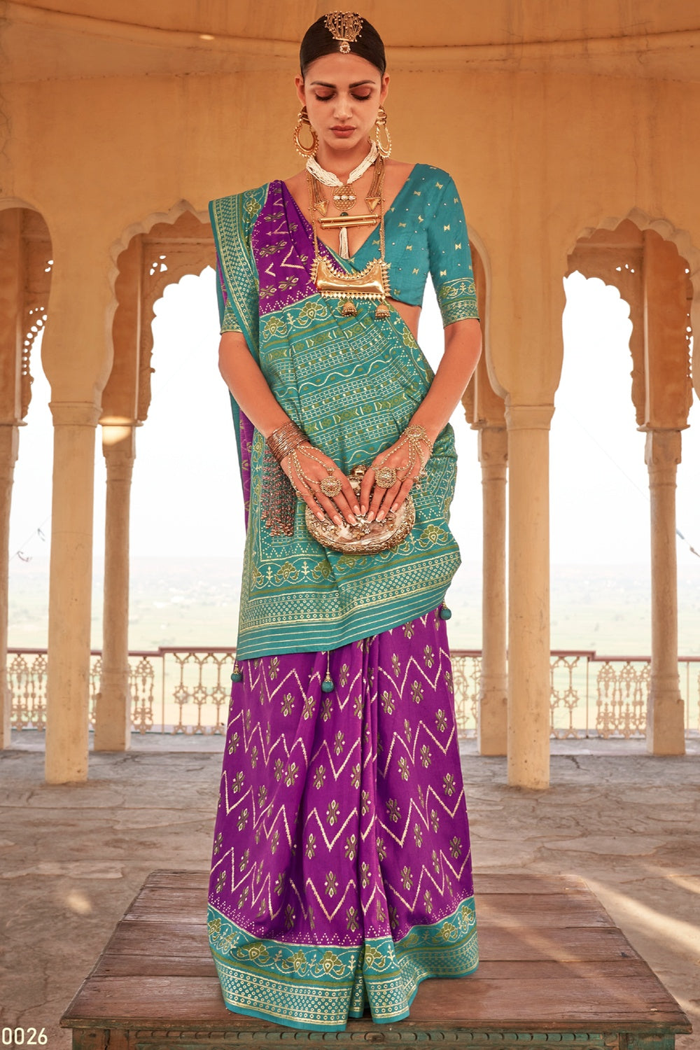 Purple &amp; Light Blue Patola Silk Saree With Printed &amp; Weaving Work