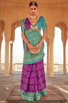 Purple & Light Blue Patola Silk Saree With Printed & Weaving Work