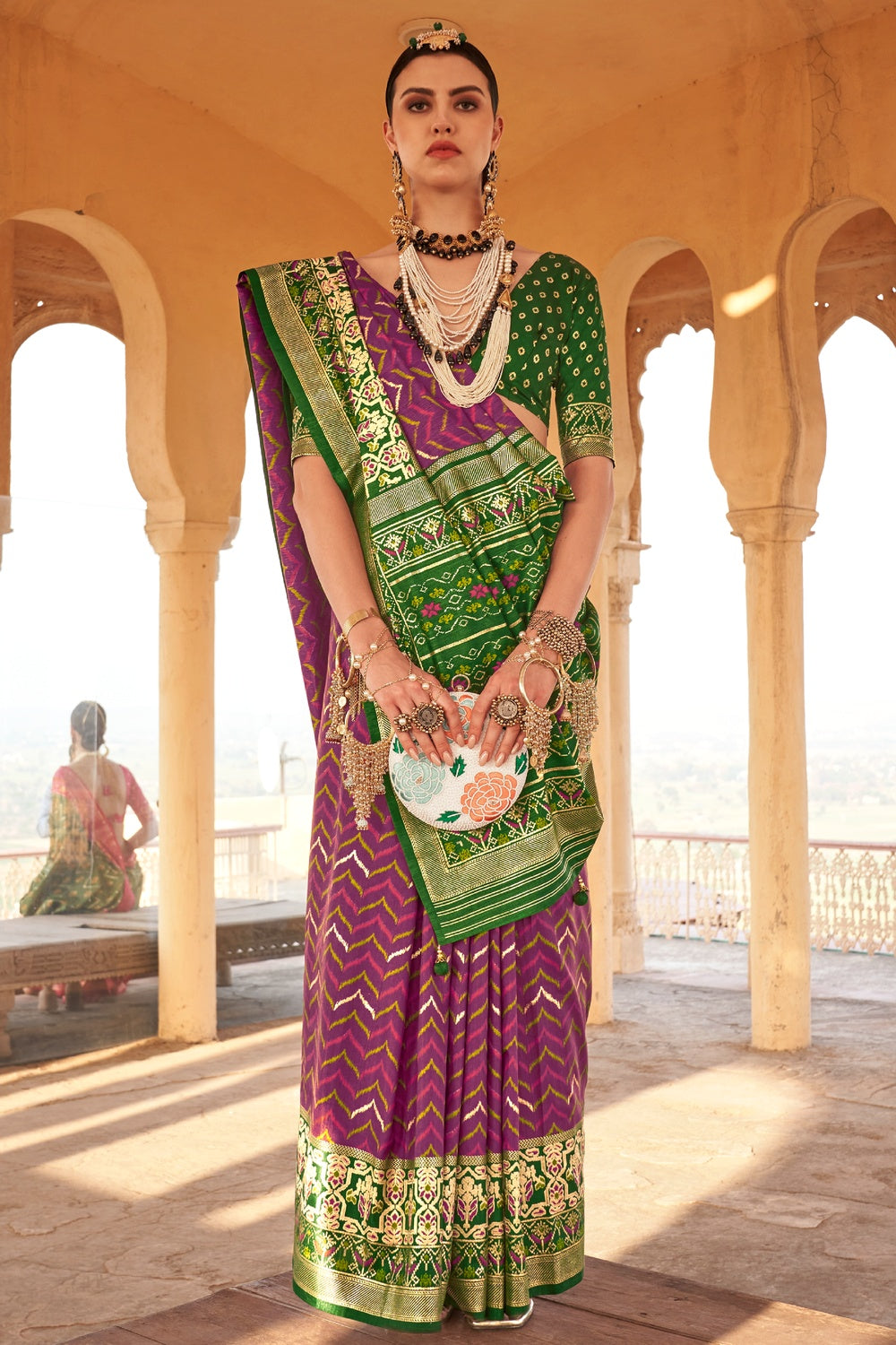Magenta &amp; Green Patola Silk Saree With Printed &amp; Weaving Work