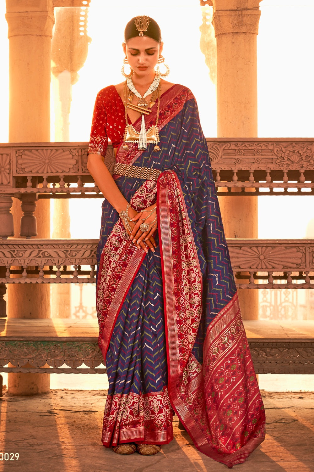 Blue &amp; Red Patola Silk Saree With Printed Work