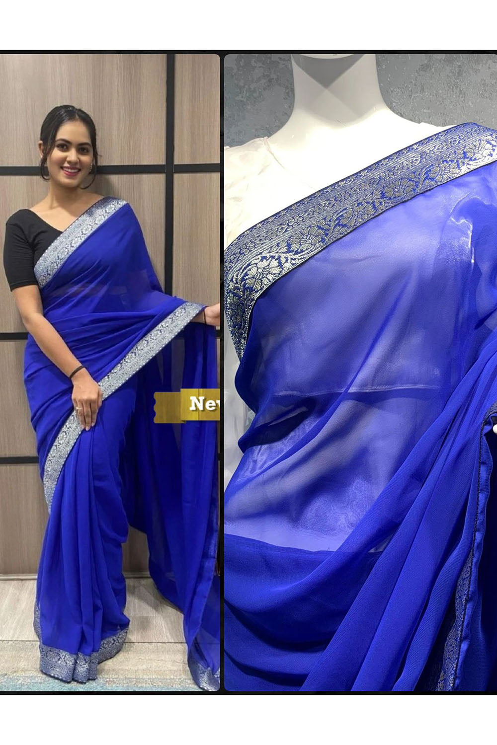 Royal Blue Georgette Saree With Lace Border