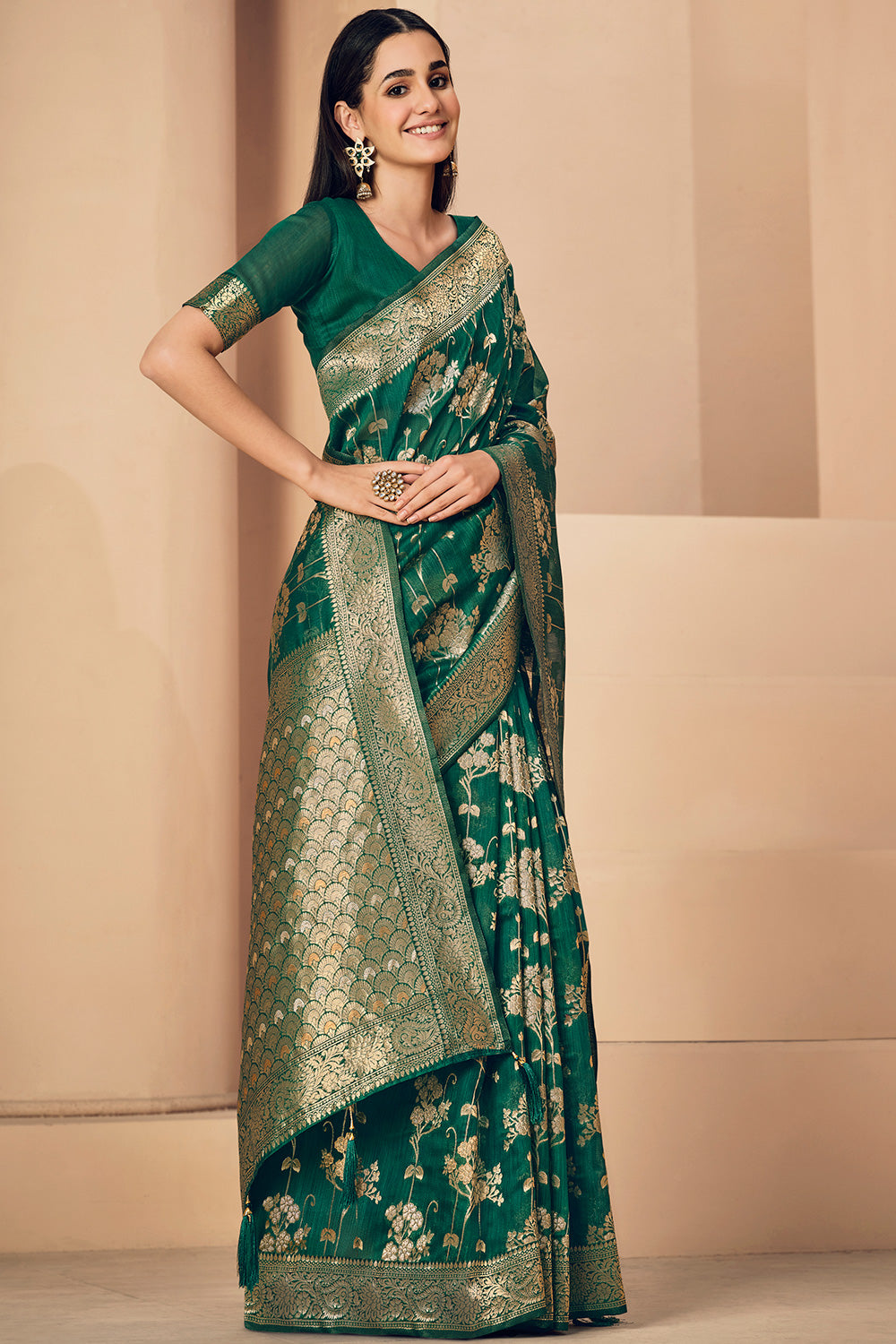 Dark Green Linen Saree With Zari Weaving Work