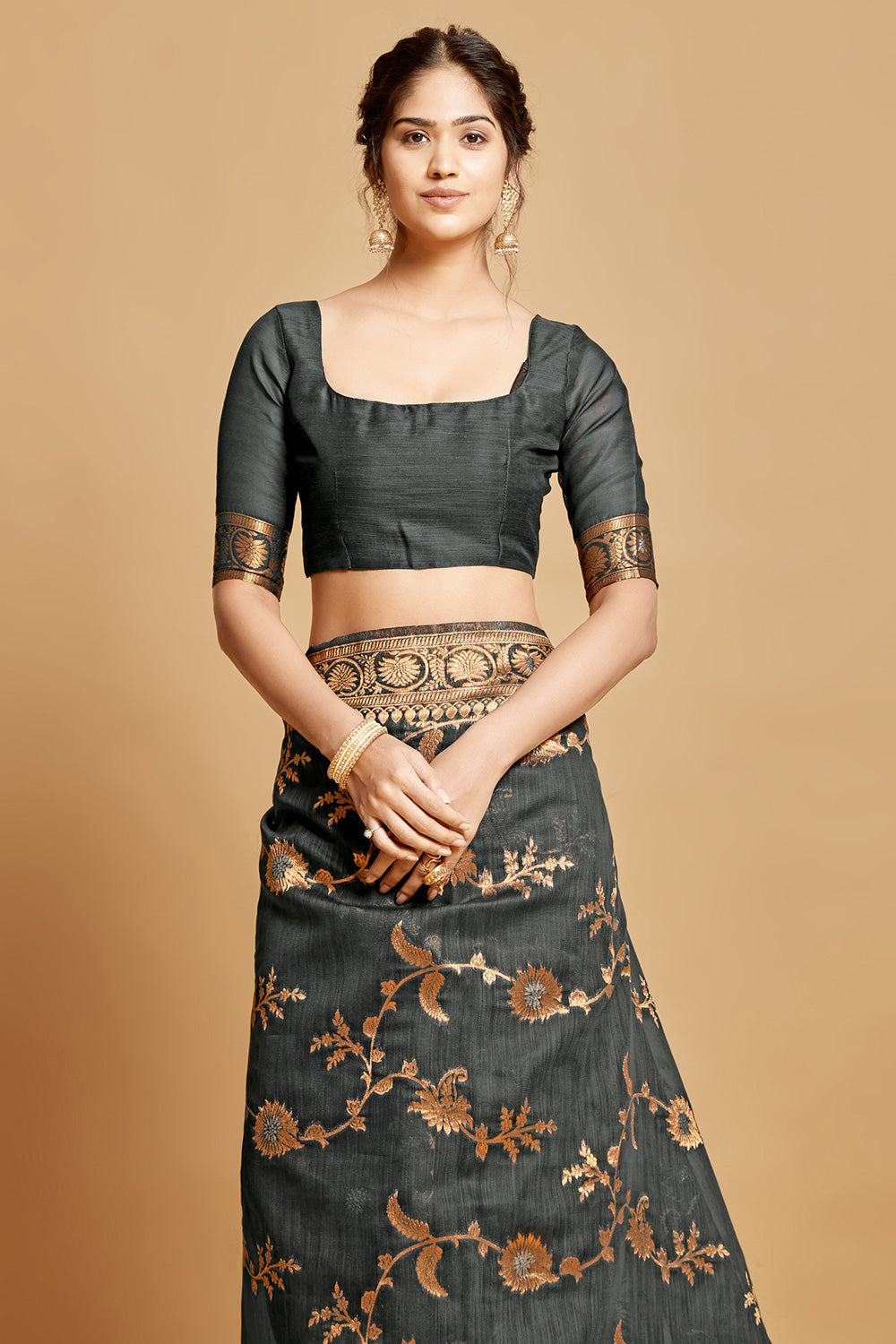 Charcoal Gray Linen Saree With Zari Weaving Work