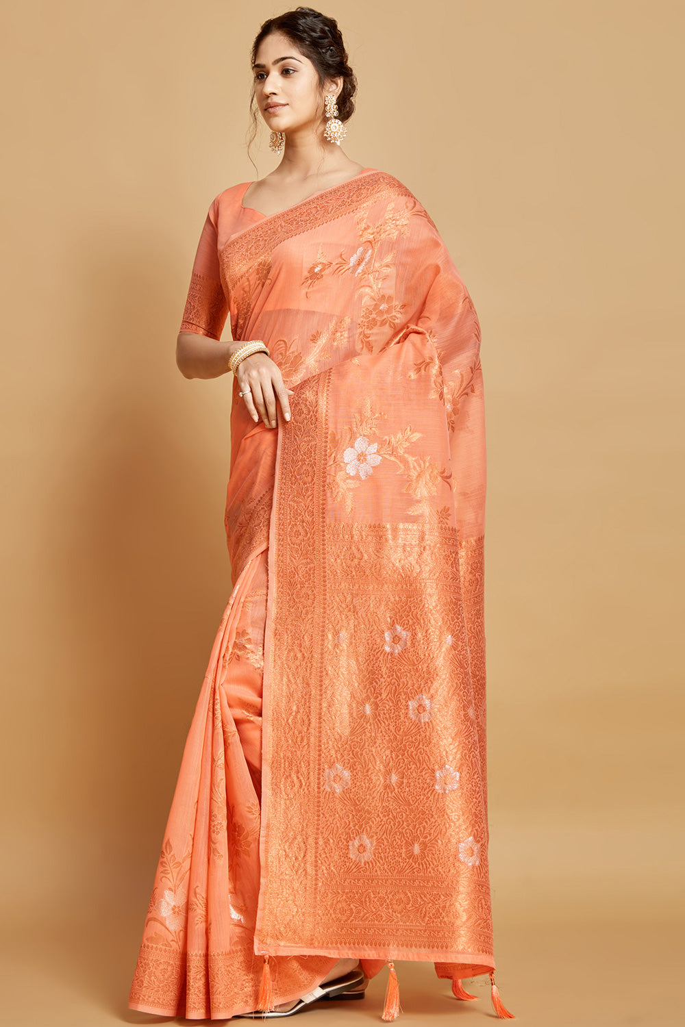 Creamy Peach Linen Saree With Zari Weaving Work