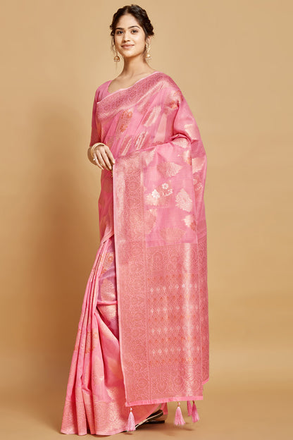 Pink Linen Saree With Weaving Work