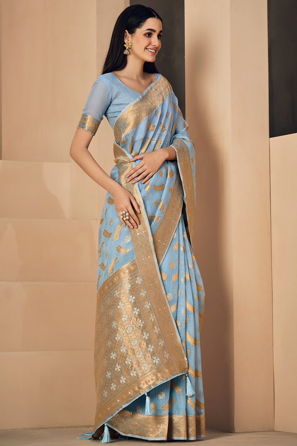 Sky Blue Linen Saree With Zari Weaving Work