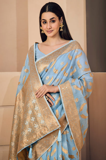 Sky Blue Linen Saree With Zari Weaving Work