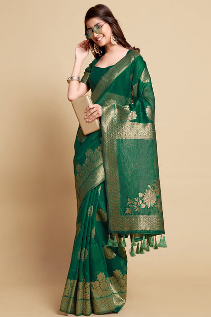 Green Linen Saree With Zari Weaving Work