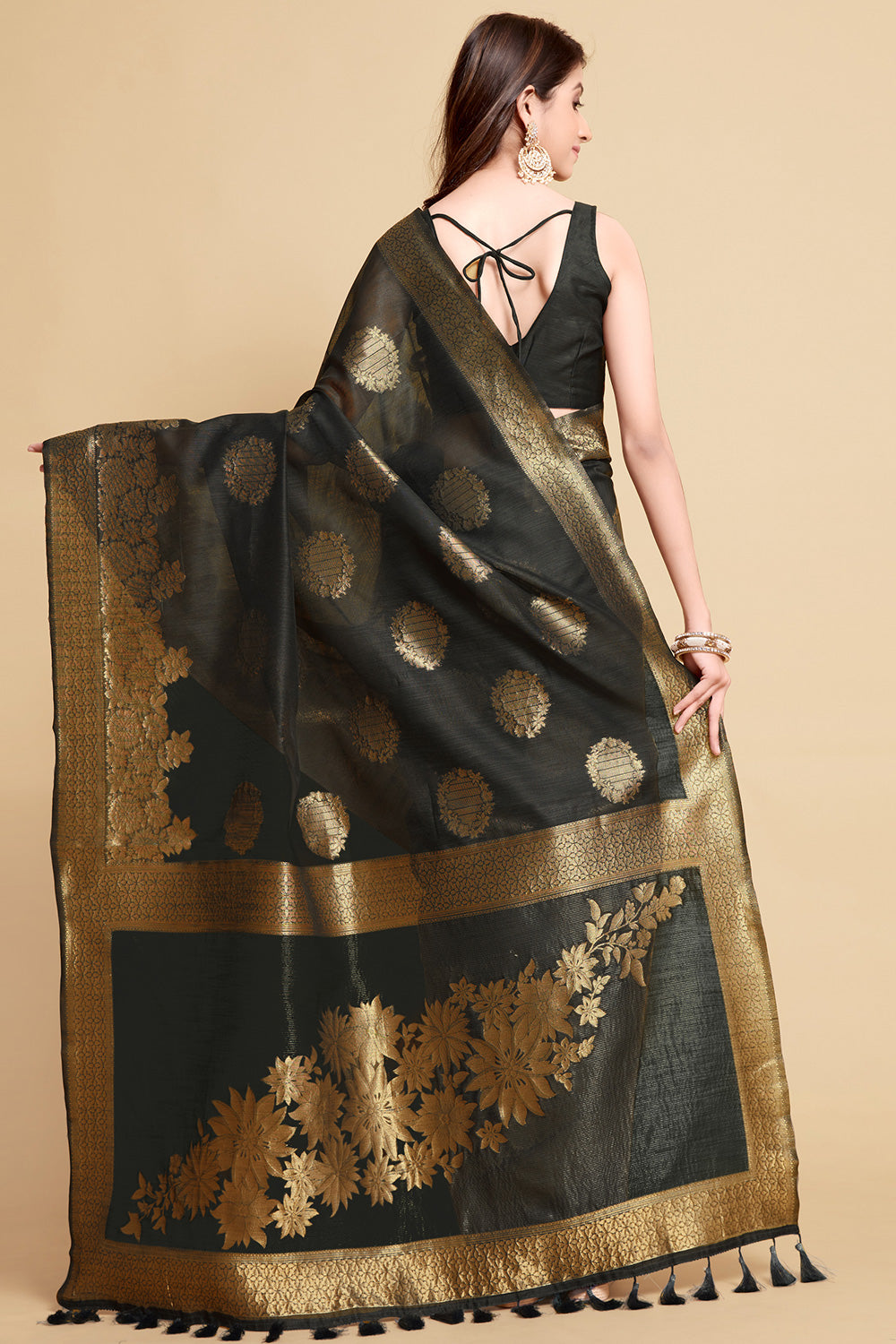 Black Linen Saree With Zari Weaving Work