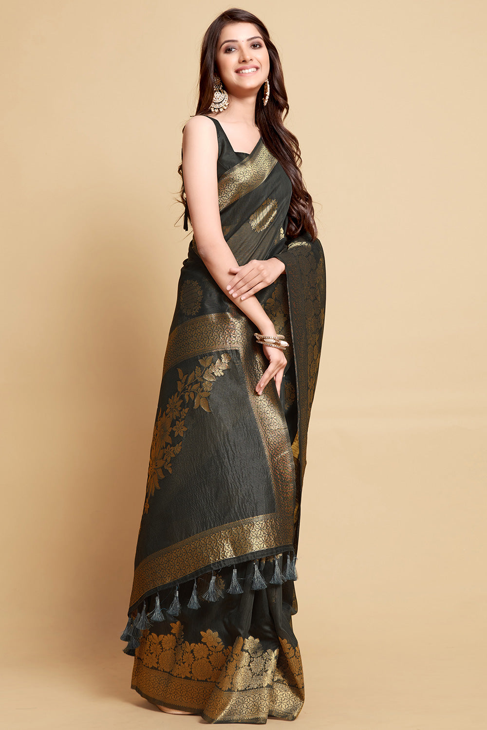 Black Linen Saree With Zari Weaving Work