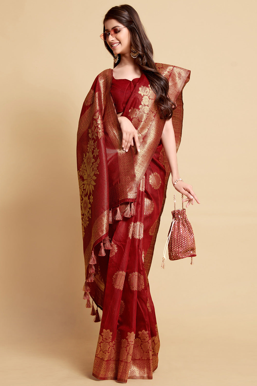 Maroon Linen Saree With Zari Weaving Work