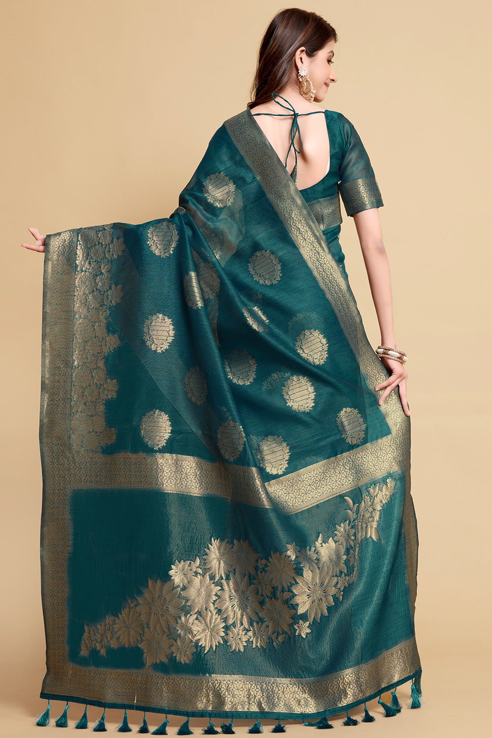 Turquoise Blue Linen Saree With Zari Weaving Work