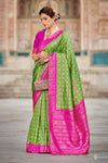 Light Green & Pink Patola Saree With Zari Weaving Work