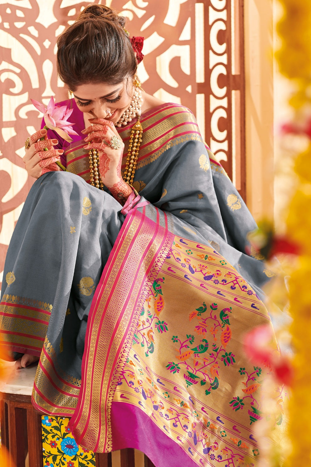 Grey Paithani Saree With Zari Weaving Work