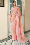 Baby Pink Georgette Saree With Printed & Checks Border