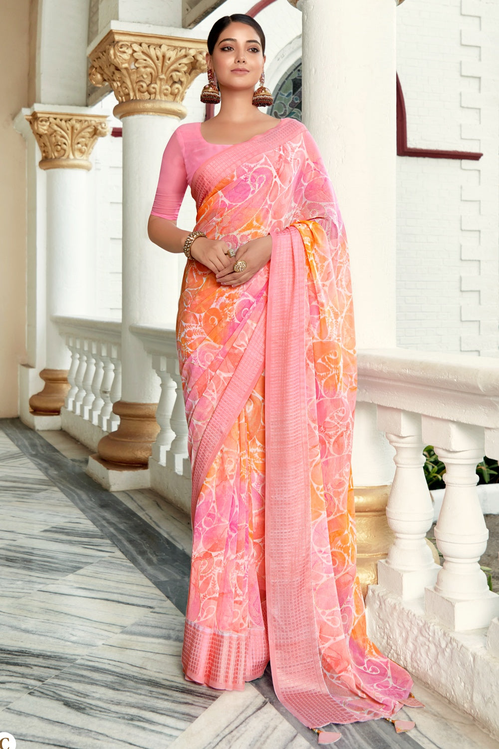 Pink Georgette Saree With Printed &amp; Checks Border