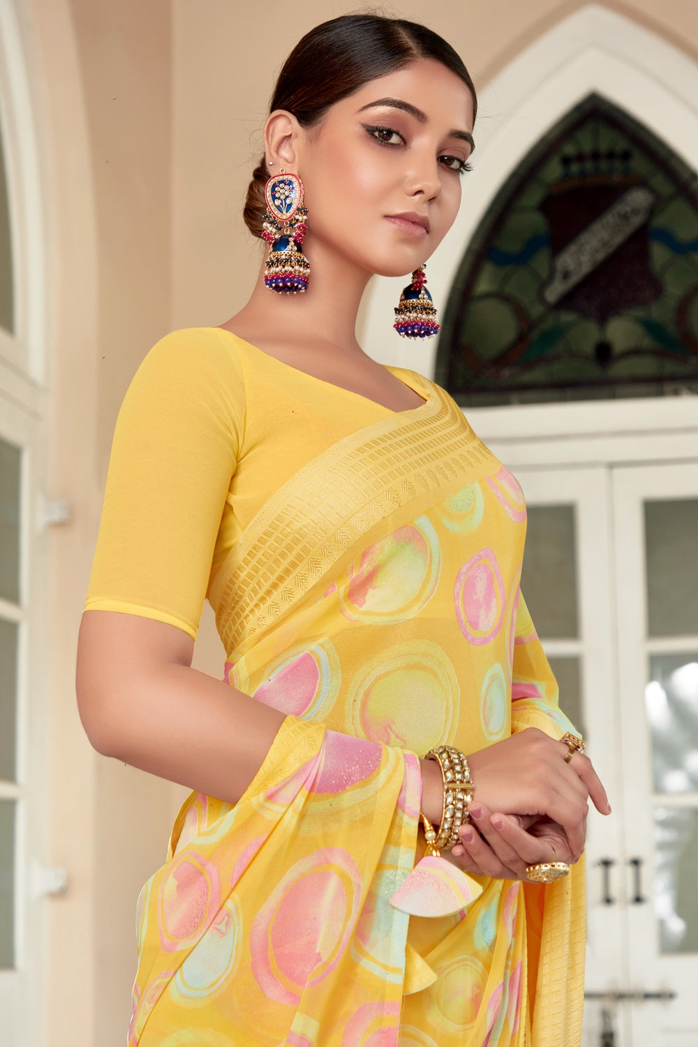 Yellow Georgette Saree With Printed &amp; Checks Border
