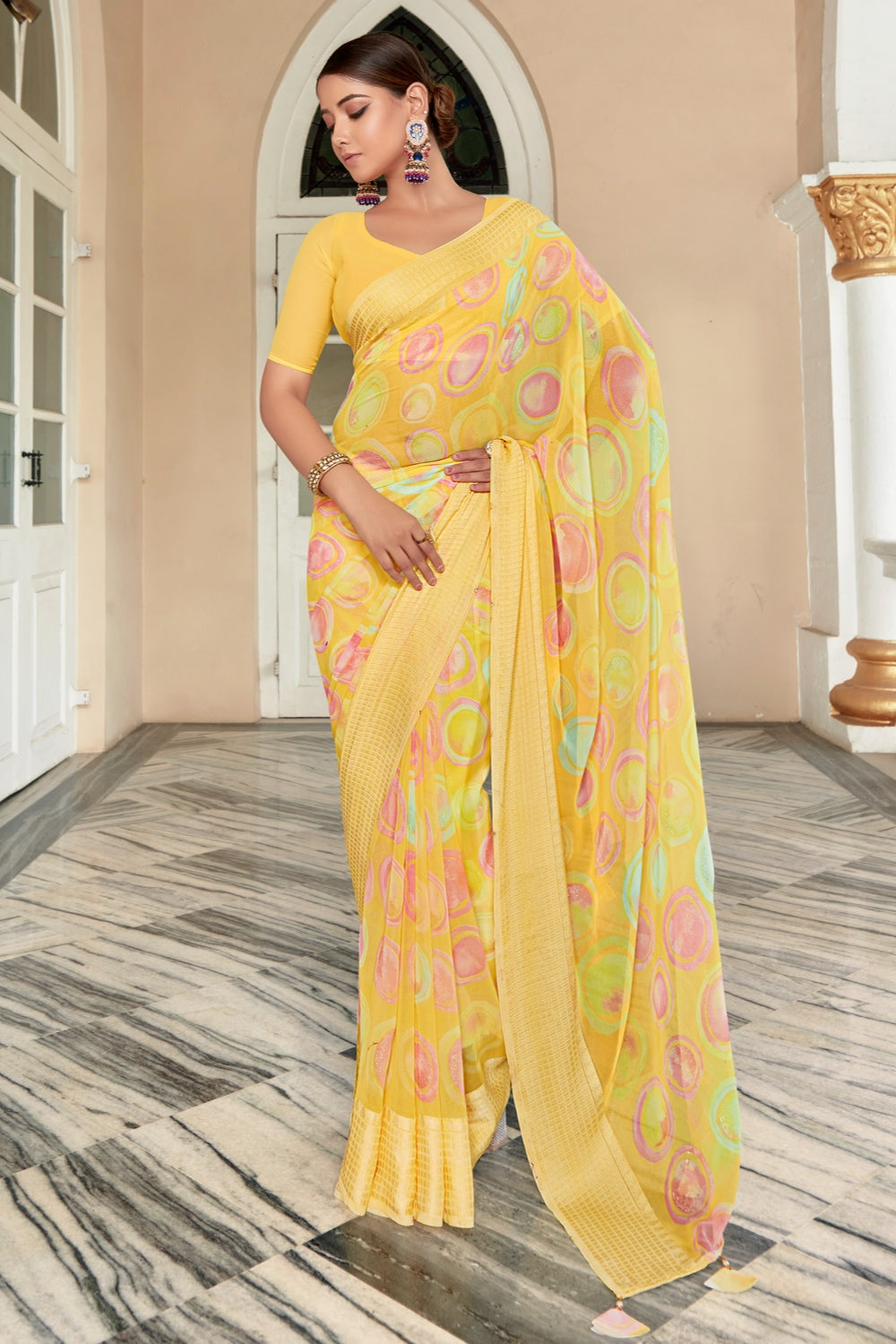 Yellow Georgette Saree With Printed &amp; Checks Border