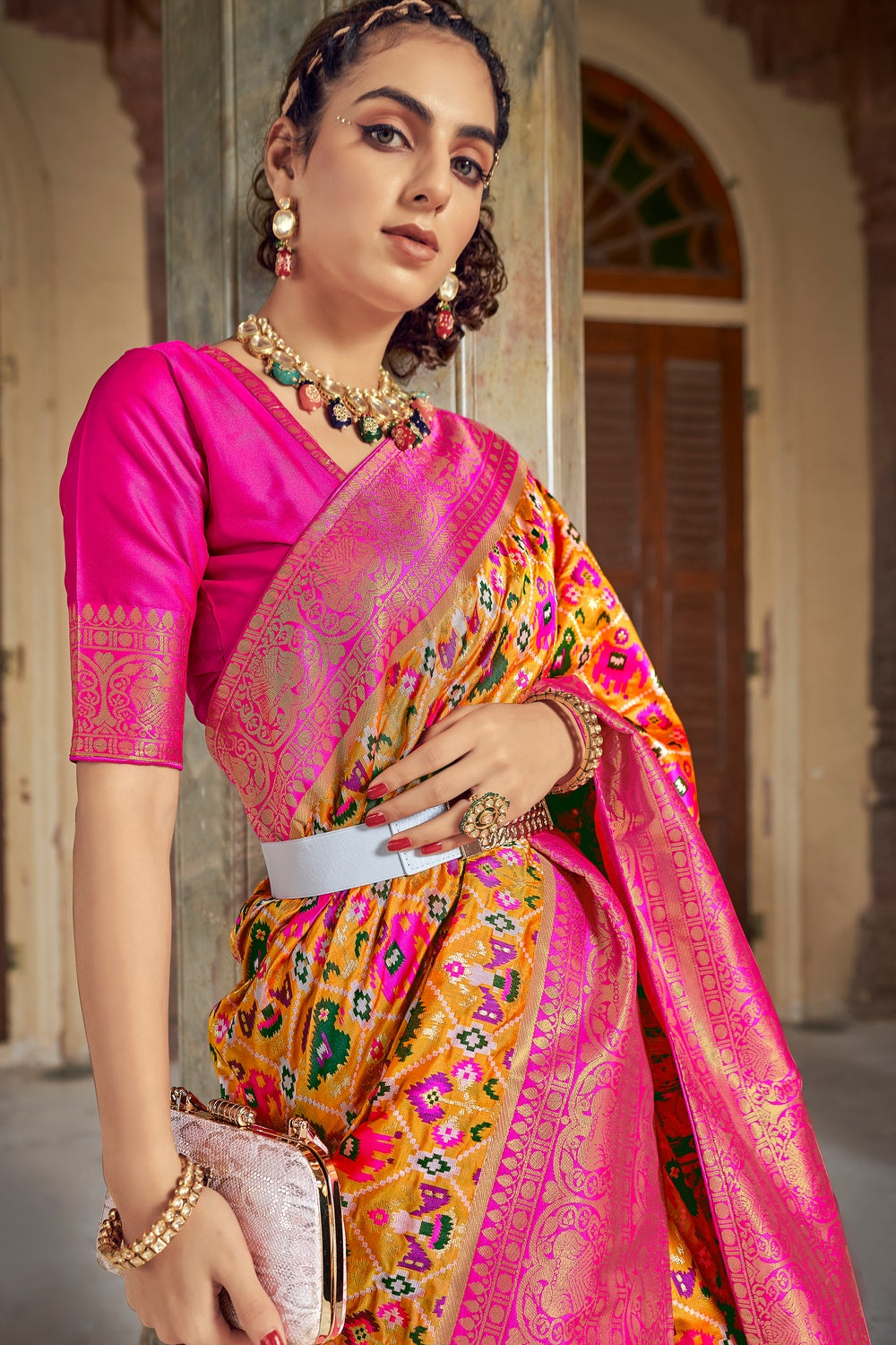 Orange &amp; Pink Patola Saree With Zari Weaving Work
