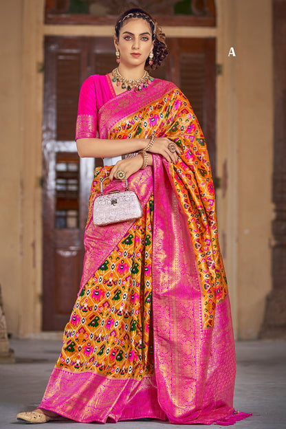 Orange &amp; Pink Patola Saree With Zari Weaving Work