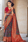 Navy Blue & Red Patola Saree With Zari Weaving Work
