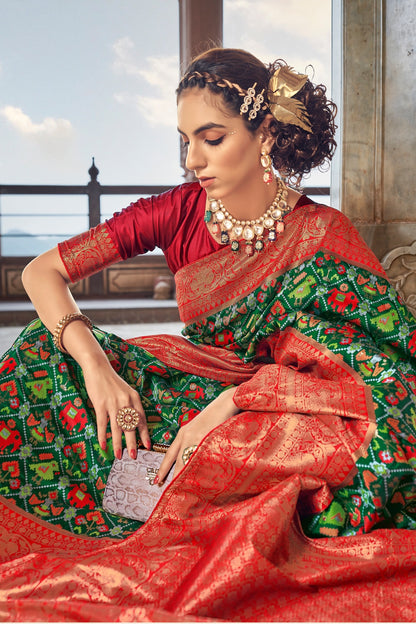 Green &amp; Red Patola Saree With Zari Weaving Work