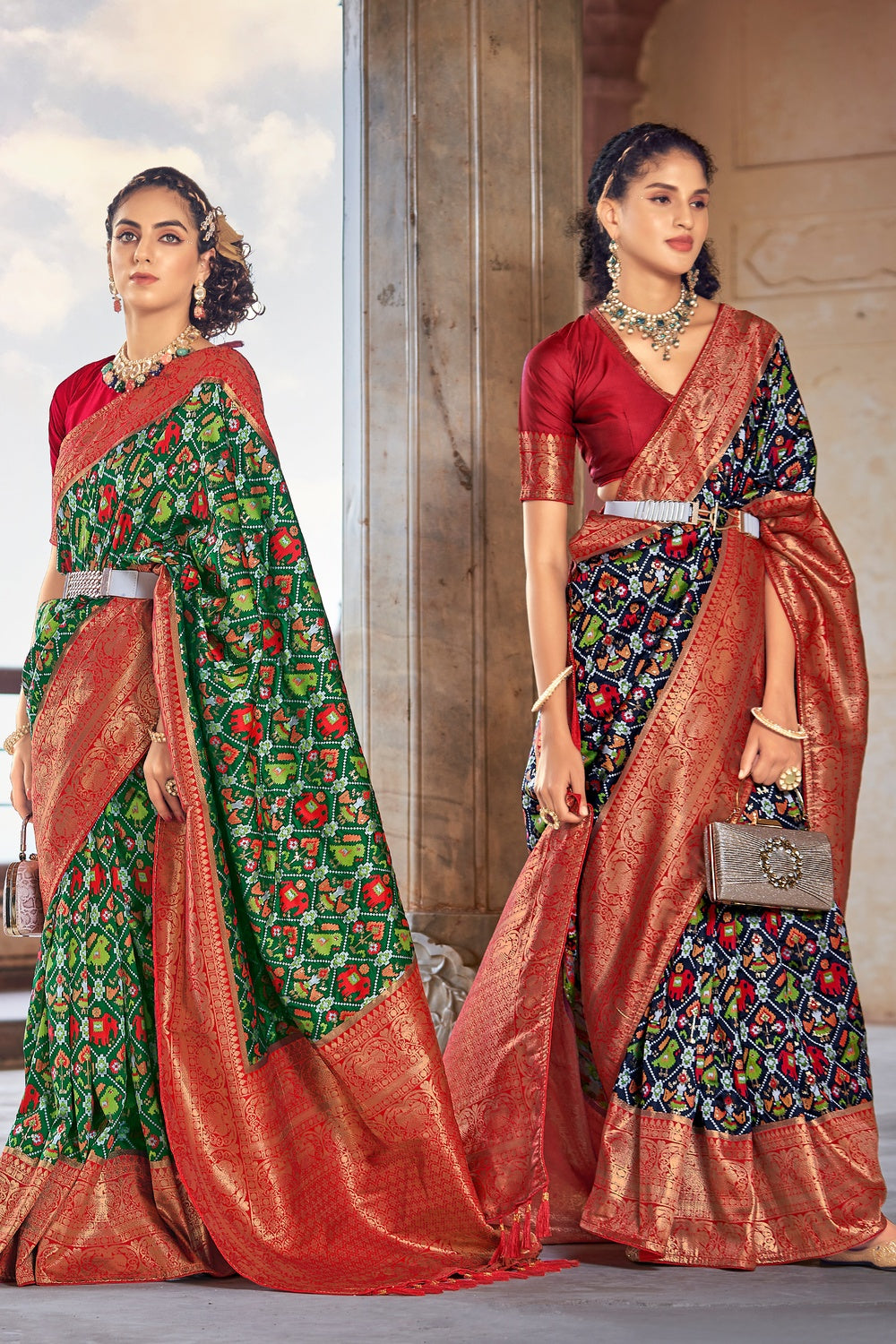 Green &amp; Red Patola Saree With Zari Weaving Work