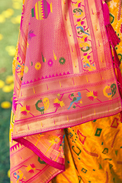 Yellow Patola Saree With Zari Weaving Work