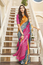 Grey & Pink Kota Doria With Leheriya Printed Saree