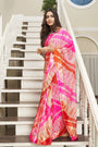 Pink & Orange Kota Doria With Leheriya Printed Saree