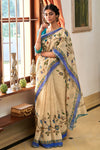Light Cream Linen Saree With Handloom Batik Printed