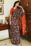Brown Linen Saree With Handloom Batik Printed