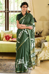 Green Linen Saree With Handloom Batik Printed