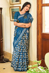 Rama Blue Linen Saree With Handloom Batik Printed Work