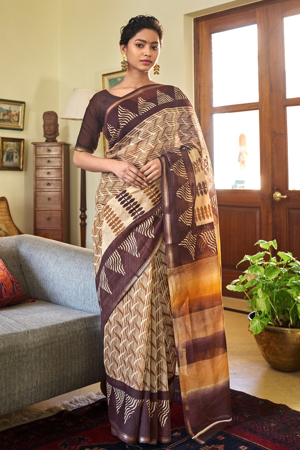 Beige &amp; Coffee Brown Linen Saree With Handloom Batik Printed Work