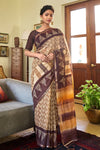Beige Linen Saree With Handloom Batik Printed