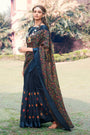Navy Blue Linen Saree With Floral Printed