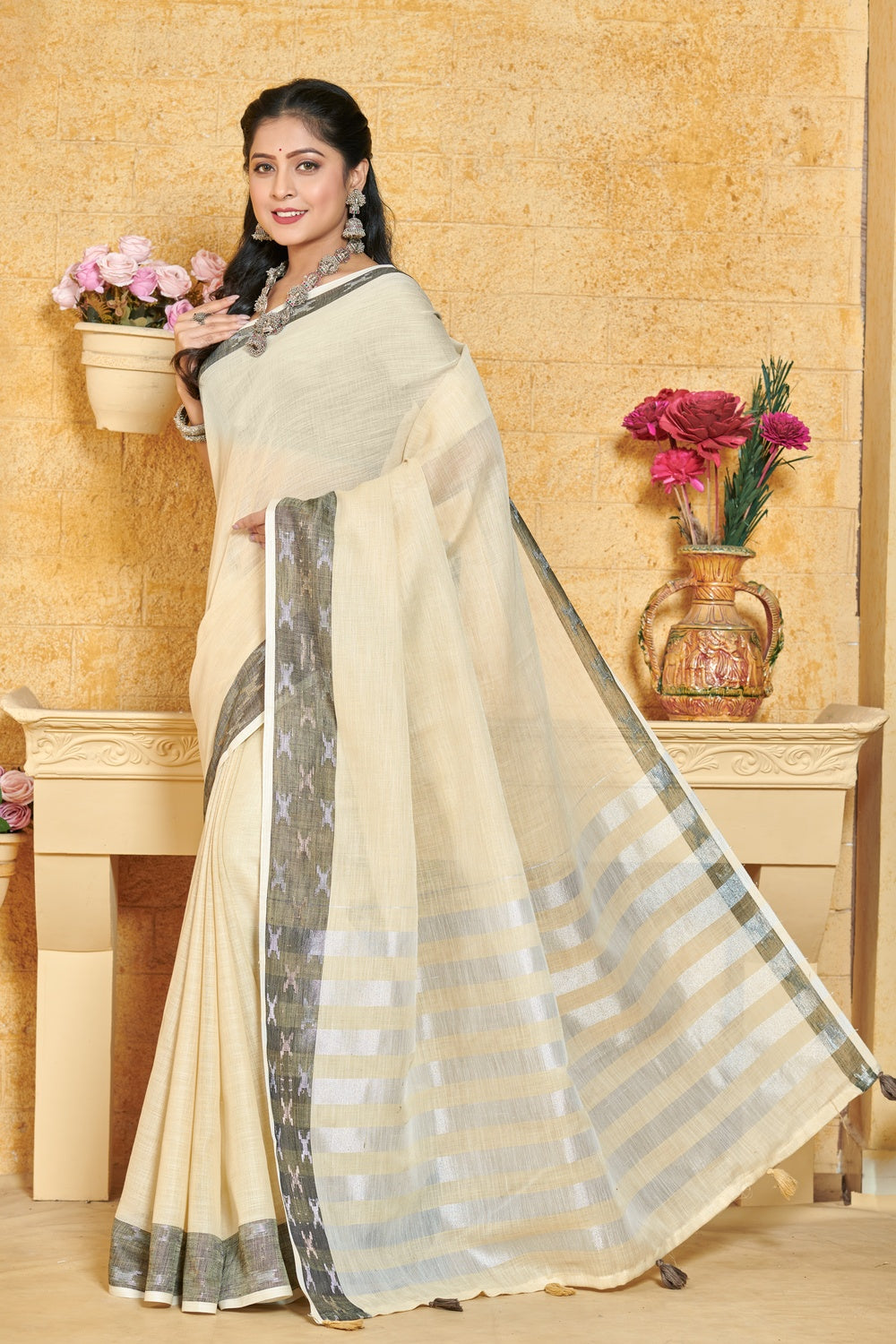 Light Cream Linen Saree With Weaving Work