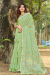 Pista Green Linen Saree With Weaving Work