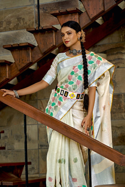 Off White Linen Saree With Weaving Work