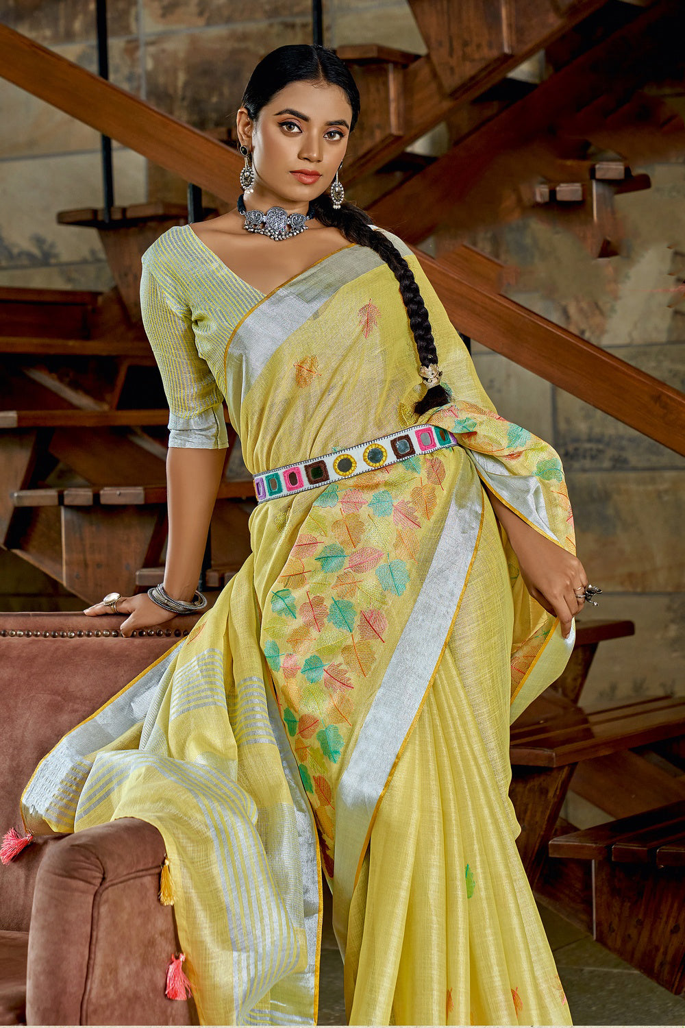 Yellow Linen Saree With Weaving Work