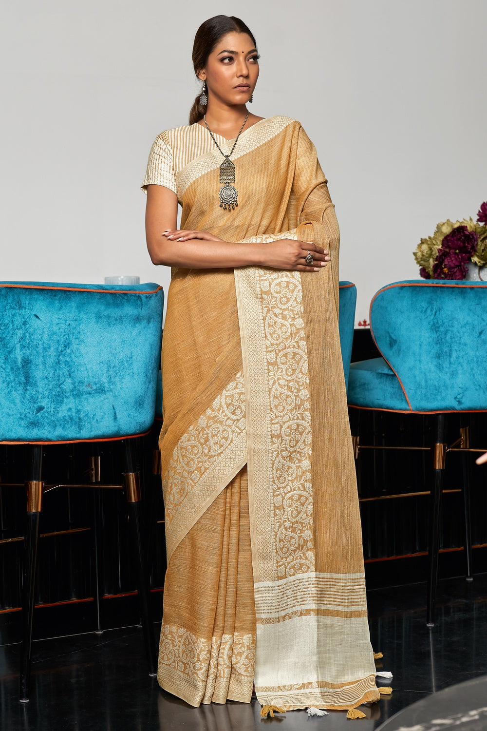 Bronze Brown Linen Saree With Weaving Work