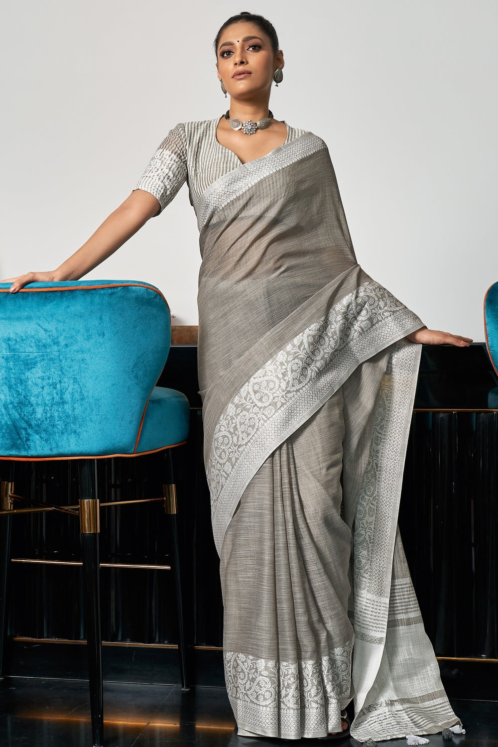 Grey Linen Saree With Weaving Work